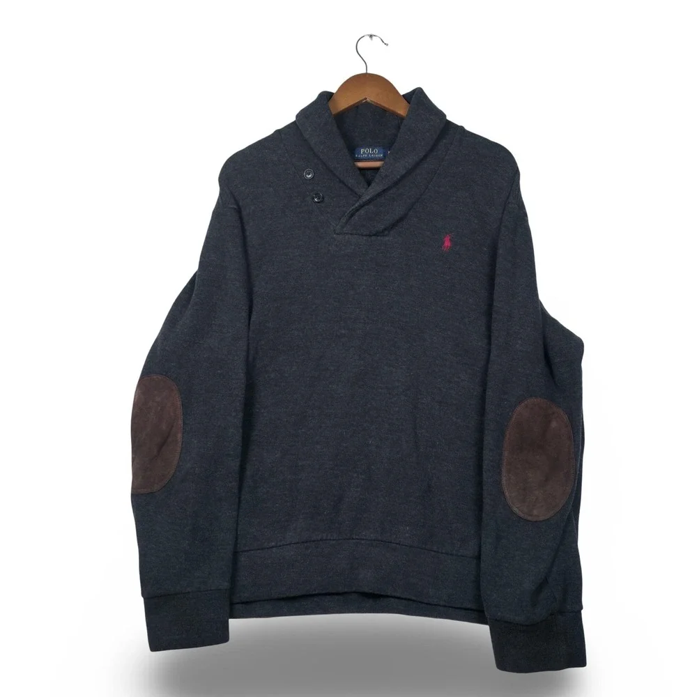 Polo Ralph Lauren Shawl Collar Sweater Mens XL Charcoal Grey Suede Elbow Patches